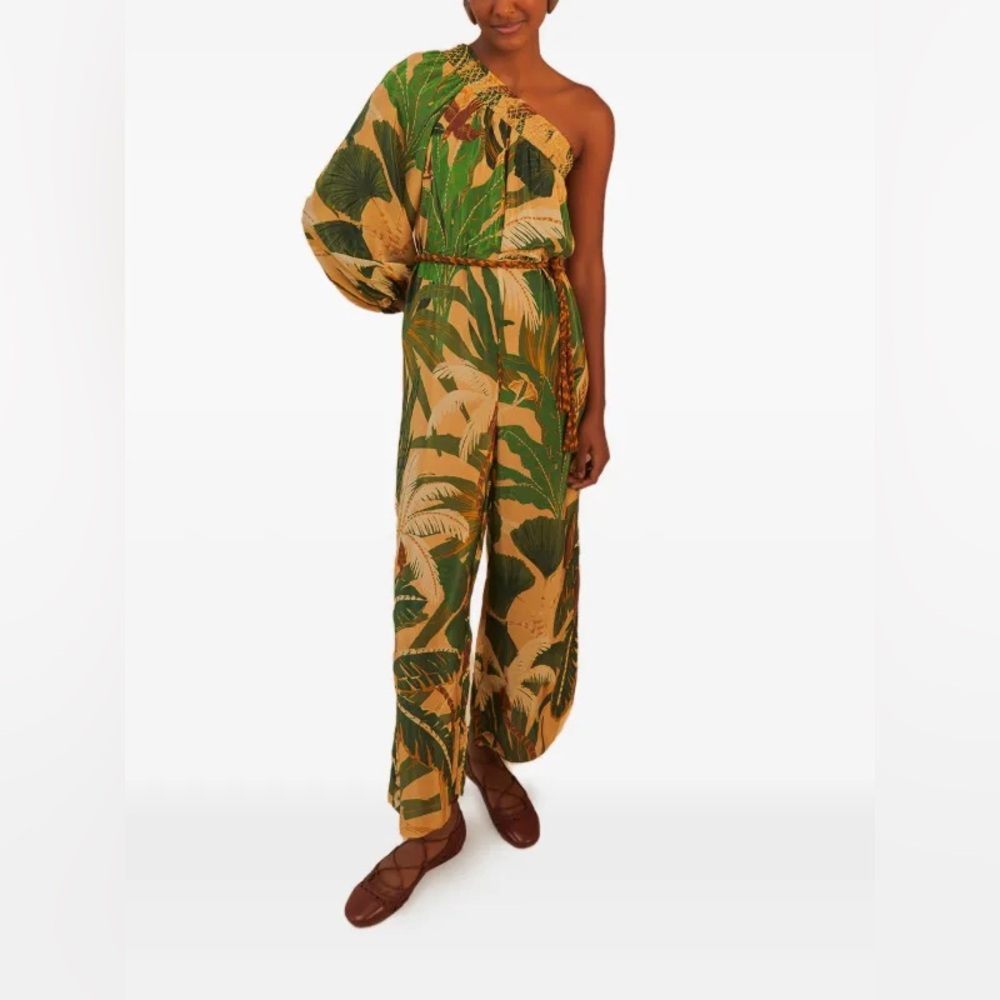 FARM Rio Green & Tan Tropical One-Shoulder Jumpsuit